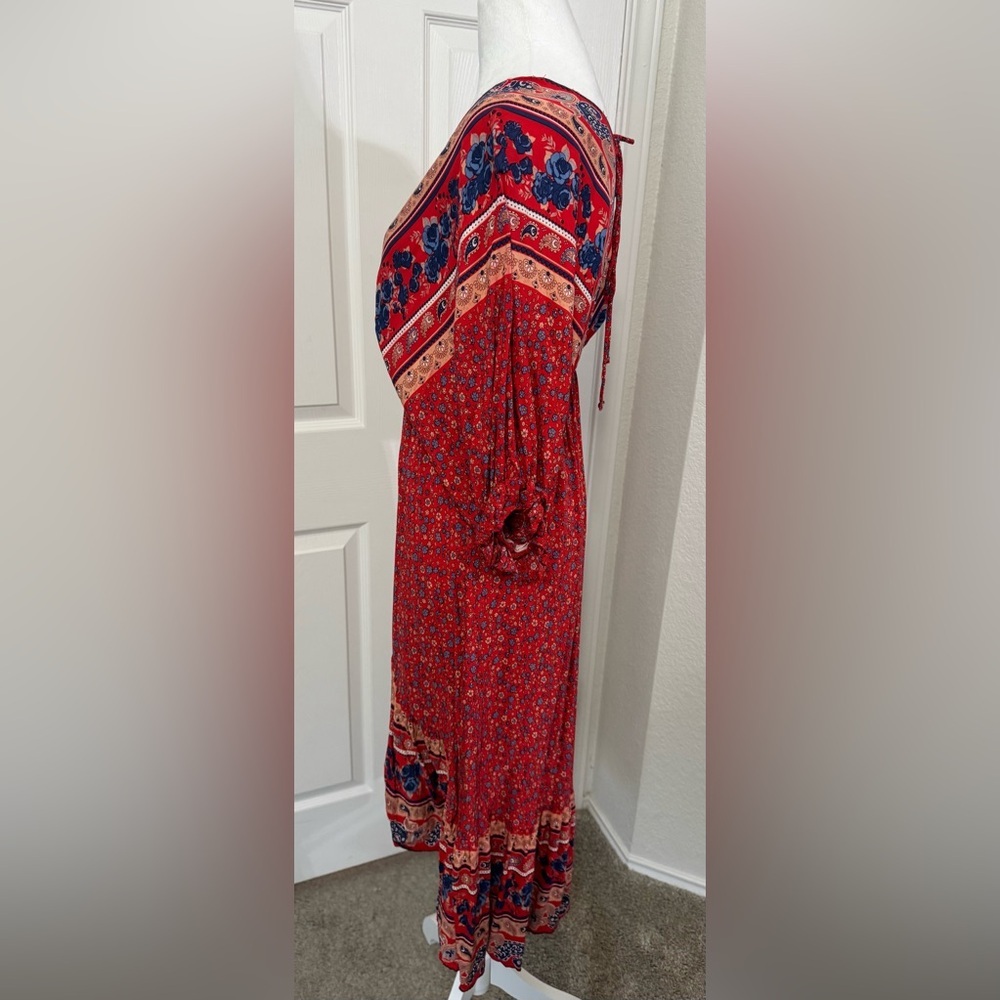 Umgee Red Boho Peasant High Low Back Tie Midi Dress Women's Size S - Picture 6 of 10